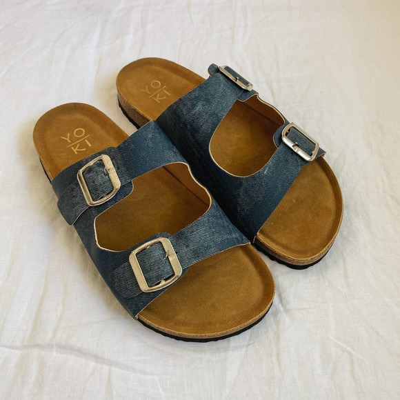 Double Strap Faux Denim Slip On Sandals - Picture 5 of 7